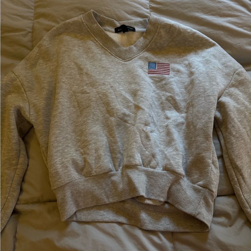 Gray V-Neck Sweater with Flag Patch